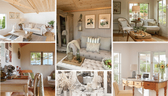 Collage of shabby-chic inspired, light interior garden room and summerhouse designs. Featuring exposed wood, white and light grey weathered paint and soft furnishings